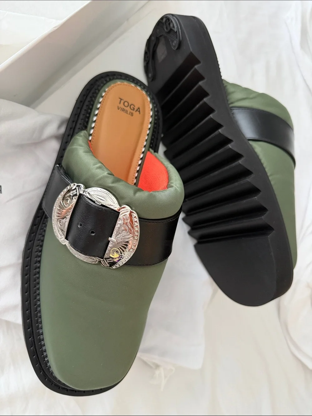TOGA Virilis AJ 1357 Olive Nylon Slip-on Buckle Mules Men’s EU 45 / US 12
